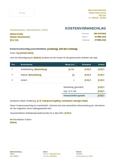 Vorschau: Vorlage: Kostenvoranschlag
